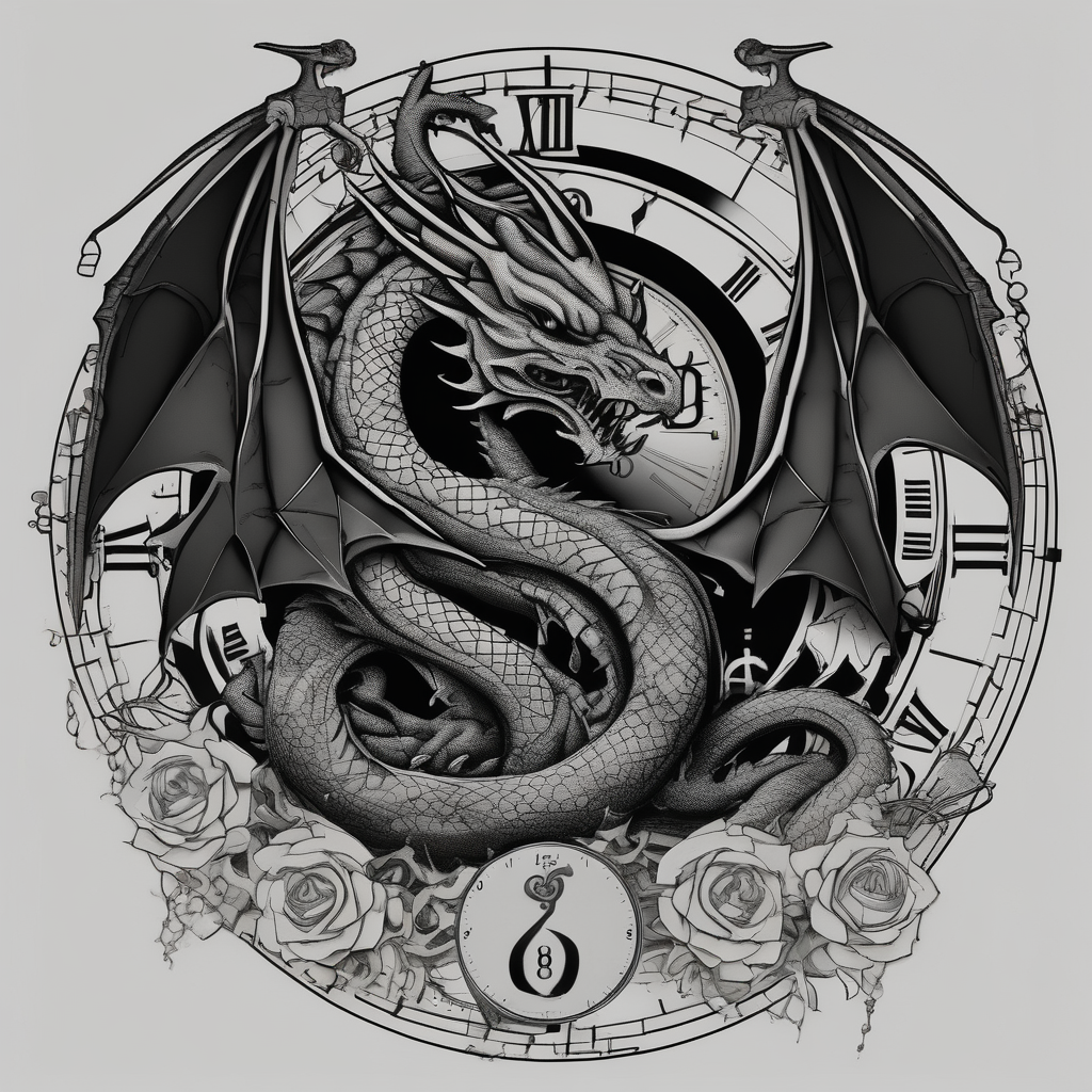 Dark dragon tattoo with clock, dollars and cancer zodiac sign on background hello kitty tattoo, design de tatouage Blackwork généré par IA